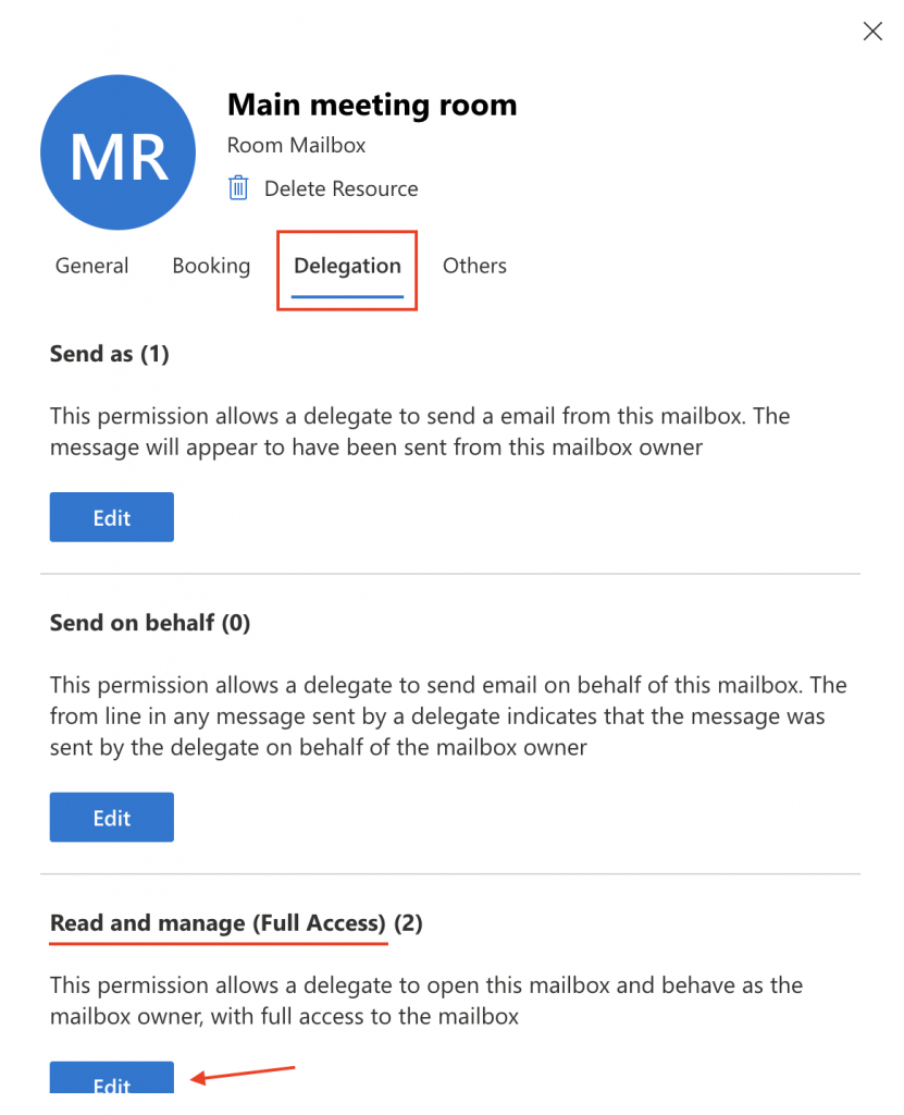 How to enable delegate access to an Office 365 or Exchange room or